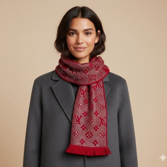 Louis Vuitton Accessories - LOUIS VUITTON Logomania Shine Knit Scarf Ruby Red 62” x 11.5” Red/Silver